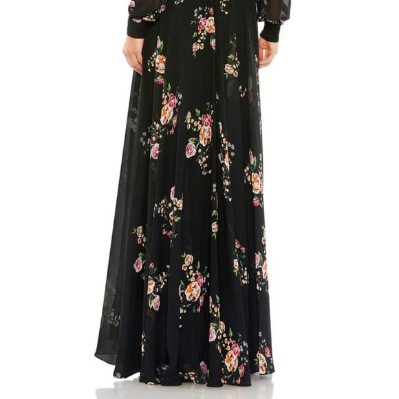 Mac Duggal Black Floral Long Sleeve Empire Waist Chiffon Maxi Dress - Picture 4 of 5